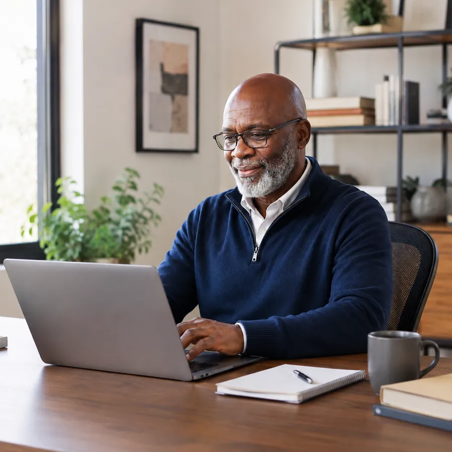 Homem de cabelos brancos estudando no notebook